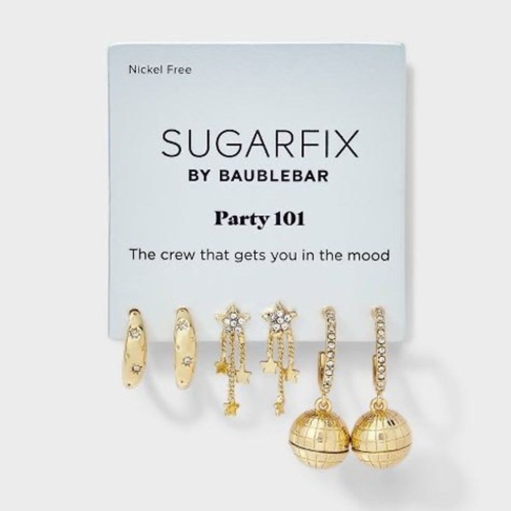 SUGARFIX by BaubleBar Party 101 New Year's Disco 3 Pair Earring Set - Gold - NWT - Picture 2 of 8